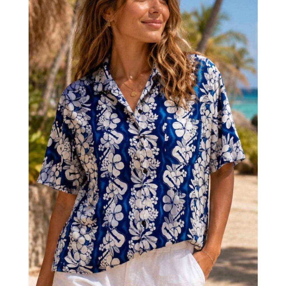 Vintage Up-One Hawaiian Shirt Blue Floral Guitar Rayon Aloha top luau vacation L